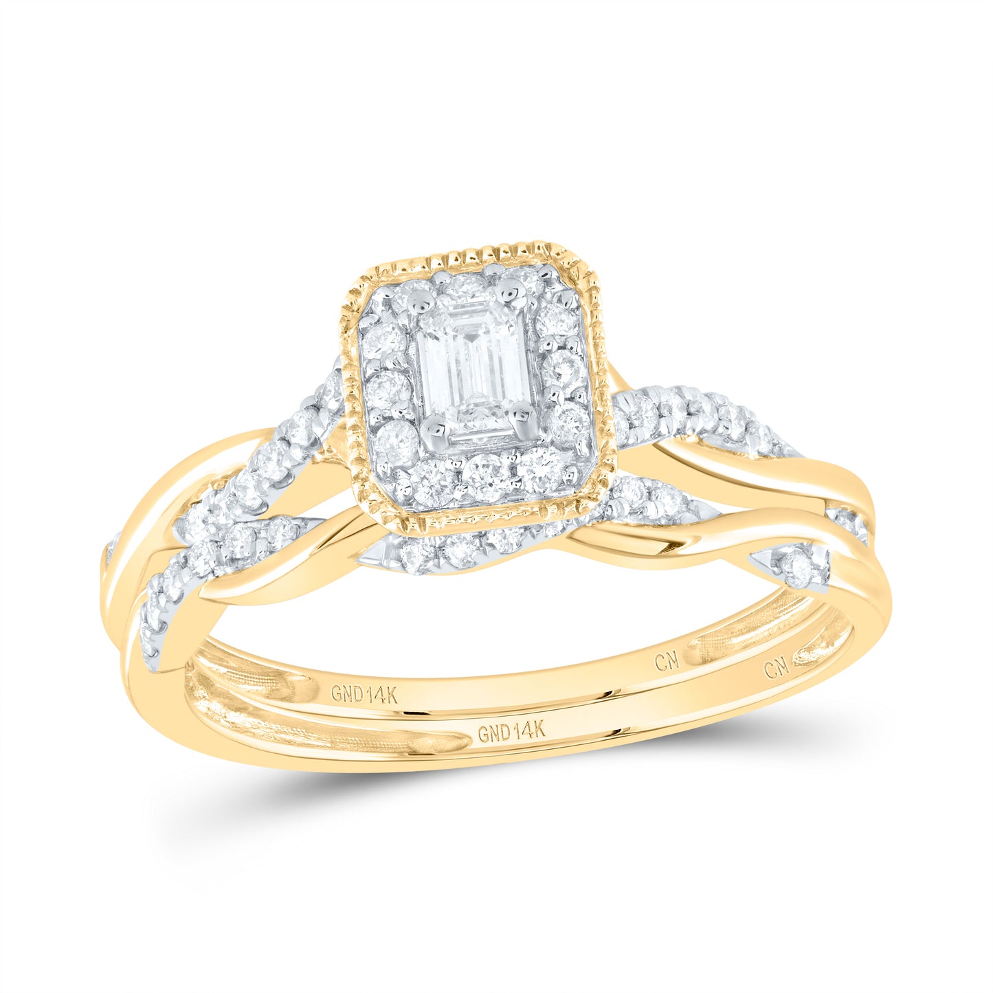 14K Yellow or White or Rose Gold 1/3 Ctw Natural Diamond Emerald Single Halo Bridal Set, Womens Size: 5-9