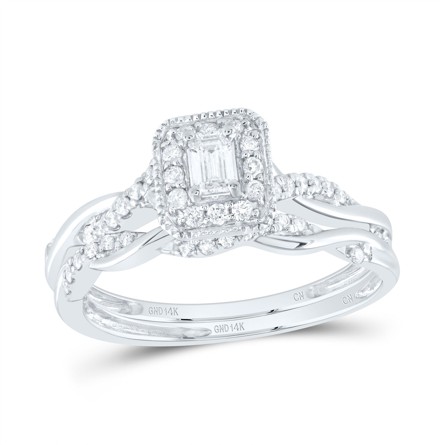 14K Yellow or White or Rose Gold 1/3 Ctw Natural Diamond Emerald Single Halo Bridal Set, Womens Size: 5-9