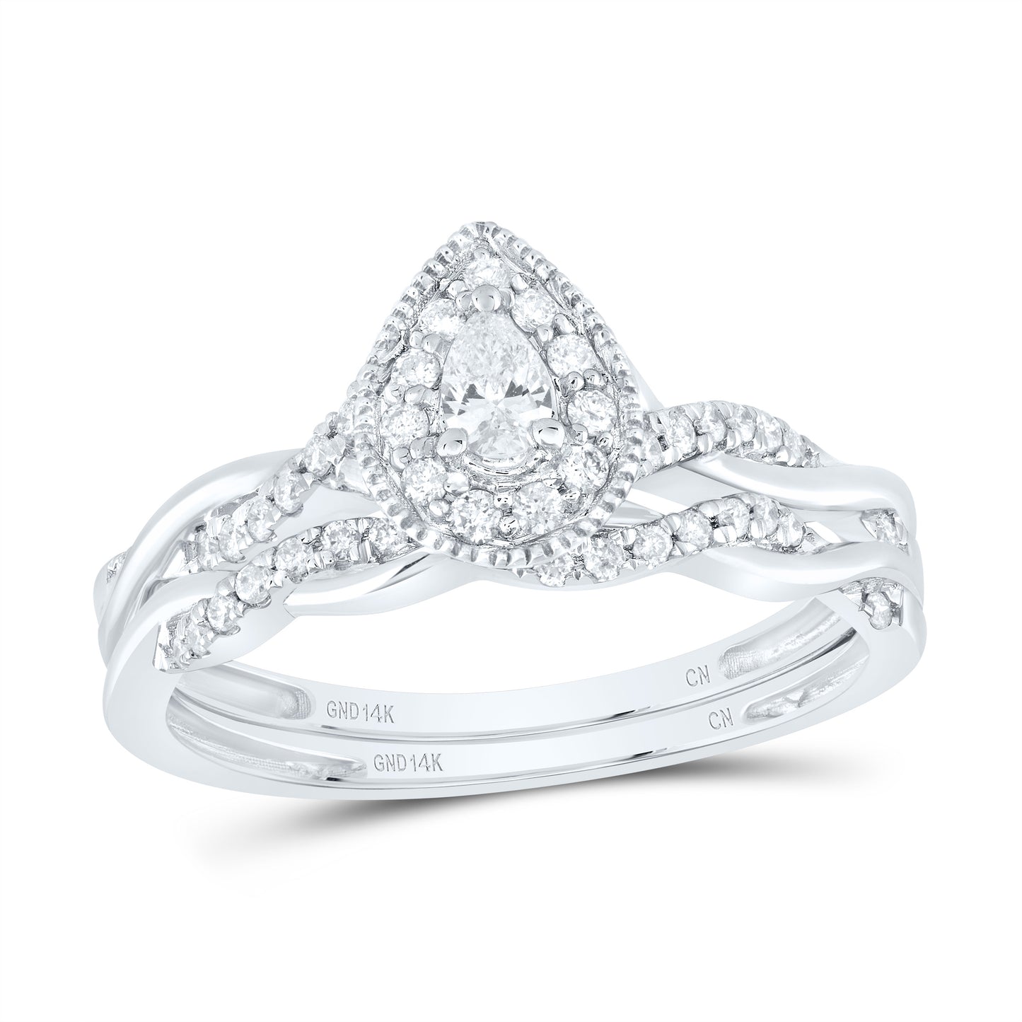 14K Yellow or White or Rose Gold 1/3 Ctw Natural Diamond Pear Single Halo Bridal Set, Womens Size: 5-9