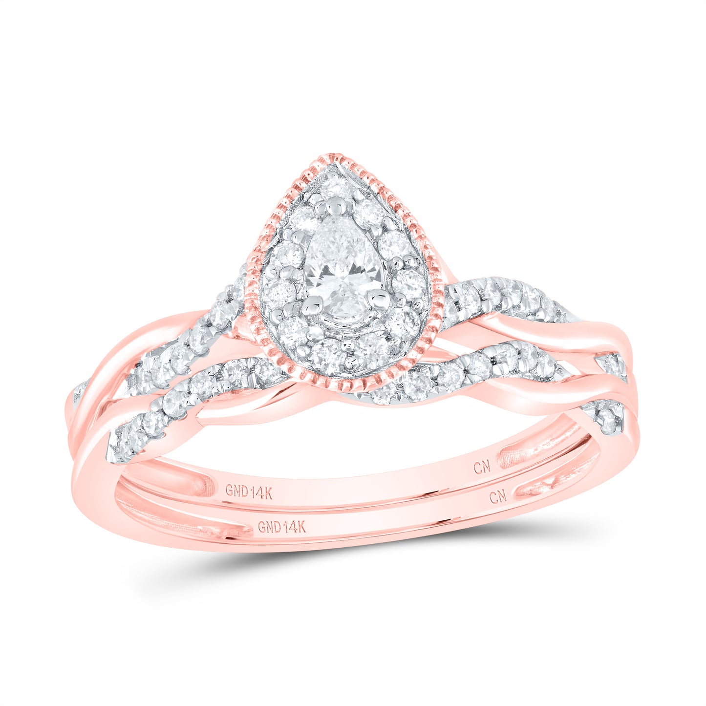 14K Yellow or White or Rose Gold 1/3 Ctw Natural Diamond Pear Single Halo Bridal Set, Womens Size: 5-9