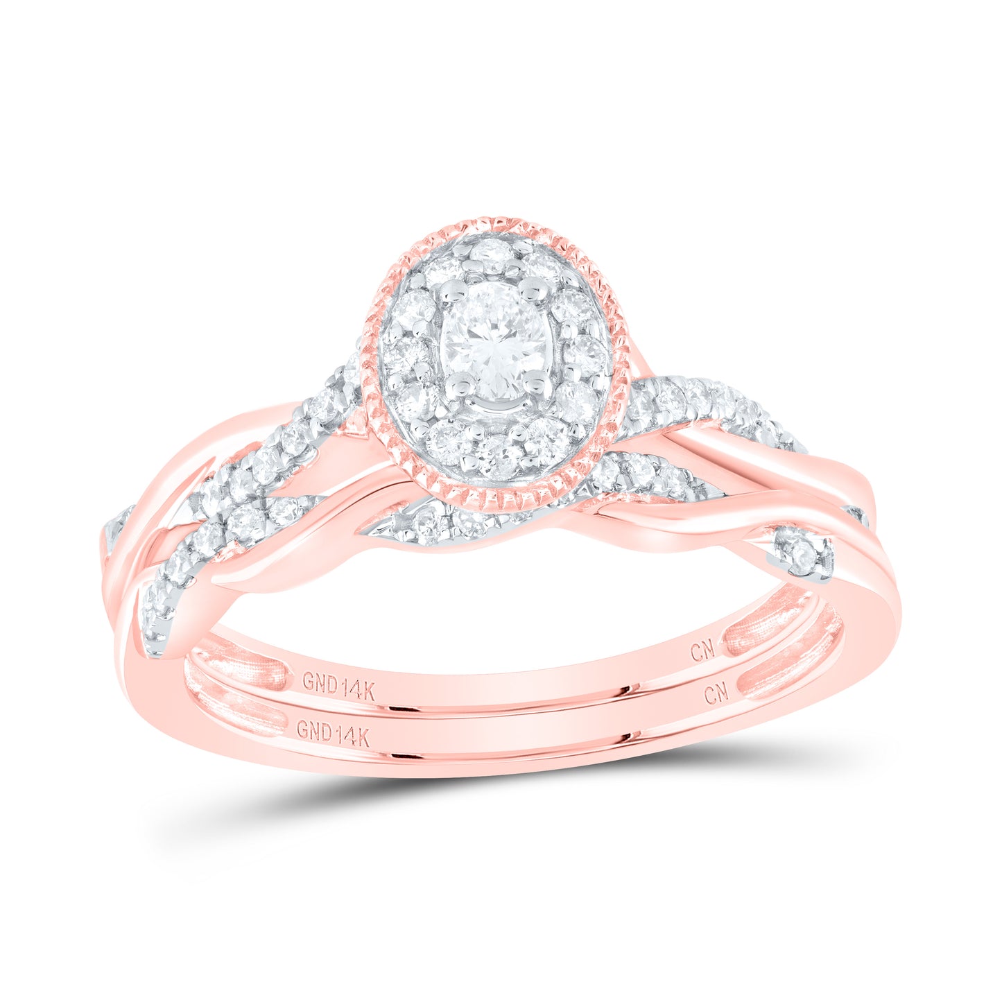 14K Yellow or White or Rose Gold 1/3 Ctw Natural Diamond Oval Single Halo Bridal Set, Womens Size: 5-9