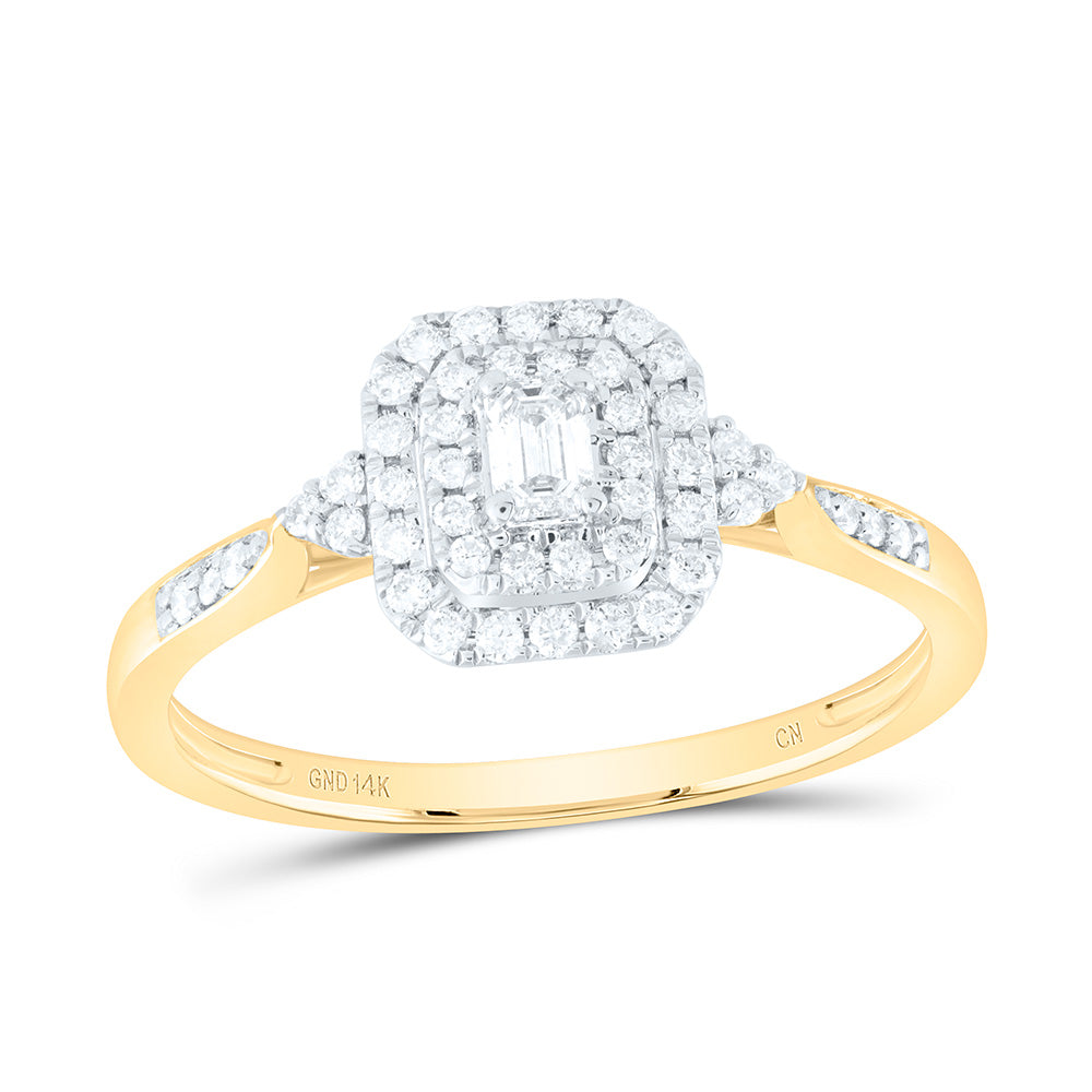 14K Yellow Gold 1/3 Ctw Natural Diamond Emerald Double Halo Engagement Ring, Womens Size: 5-9