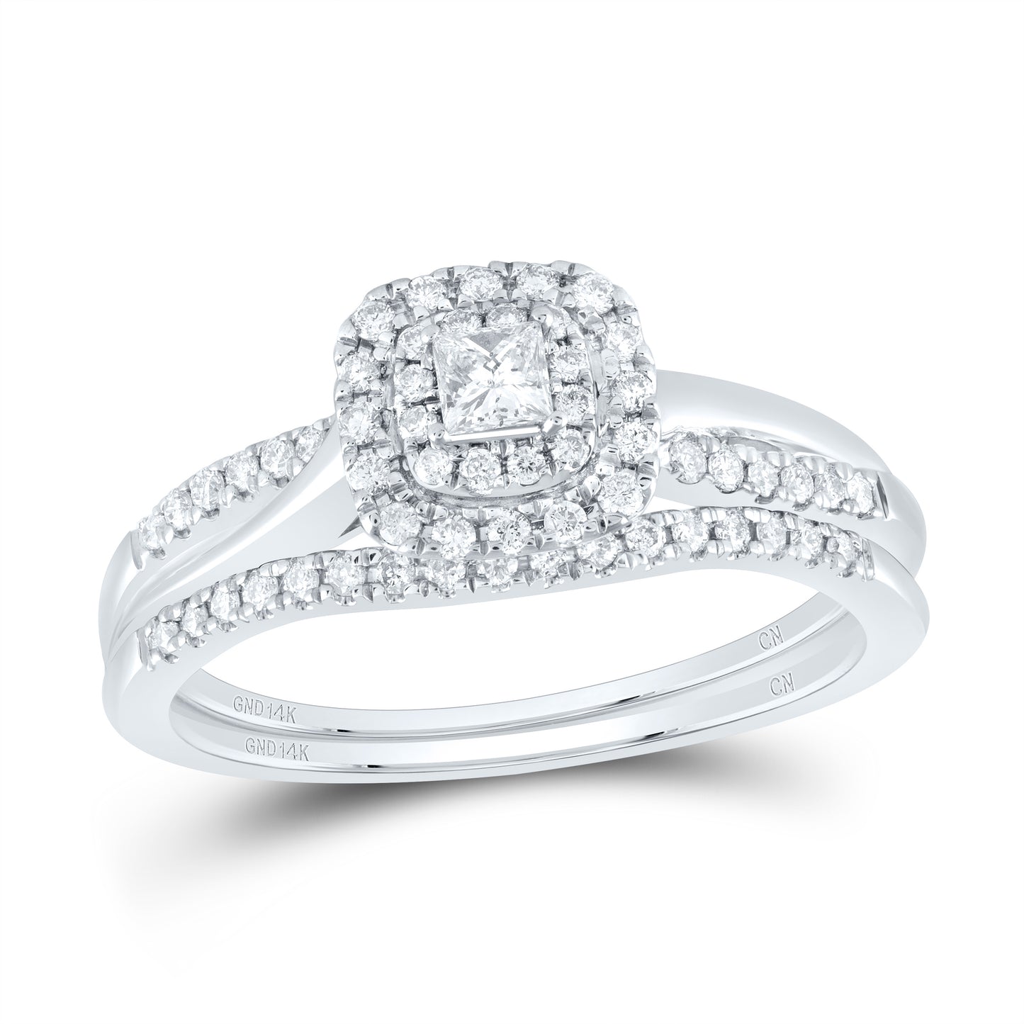 14K White Gold 1/3 Ctw Natural Diamond Cushion Double Halo Bridal Set, Womens Size: 5-9