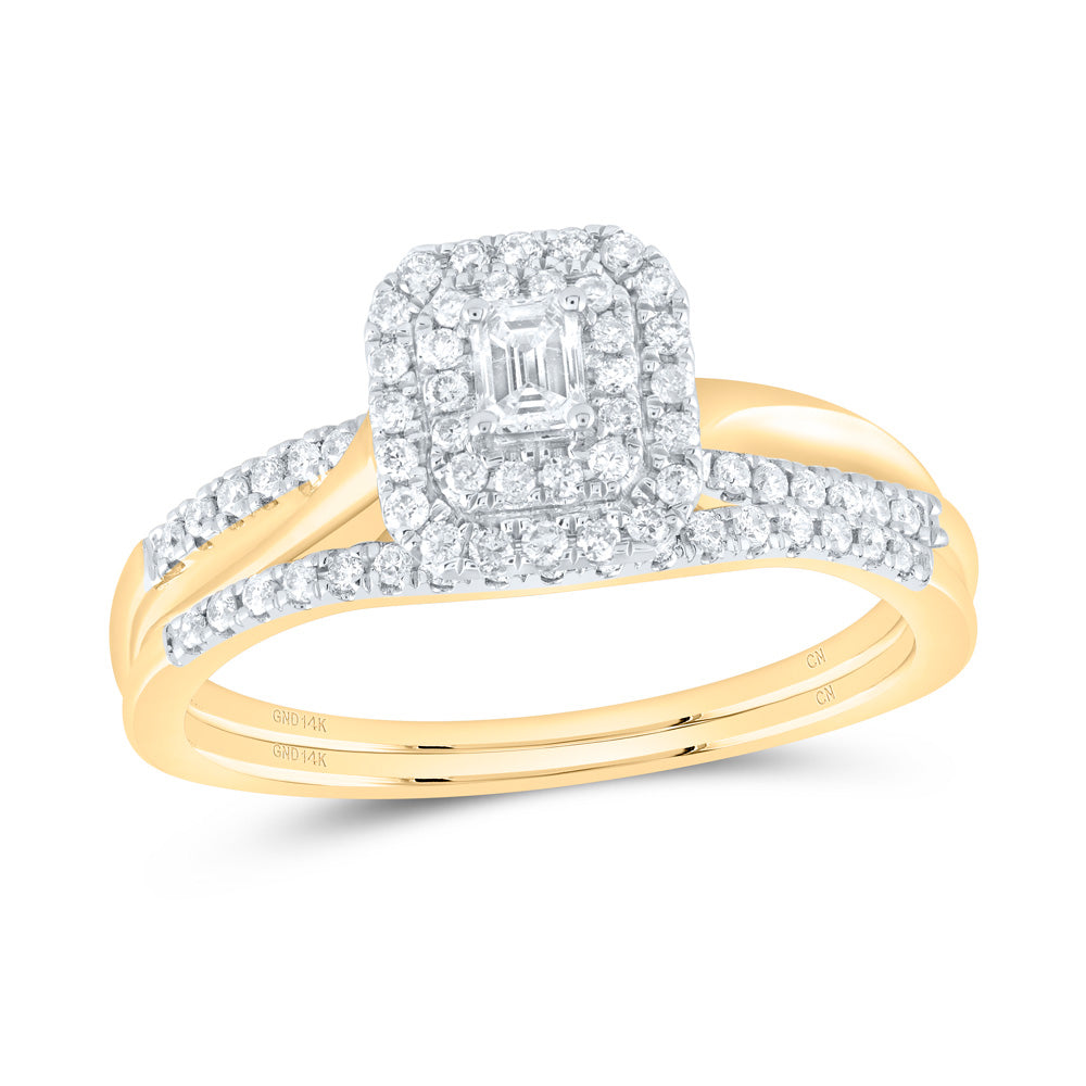 14K Yellow or White or Rose Gold 3/8 Ctw Natural Diamond Emerald Double Halo Bridal Set, Womens Size: 5-9