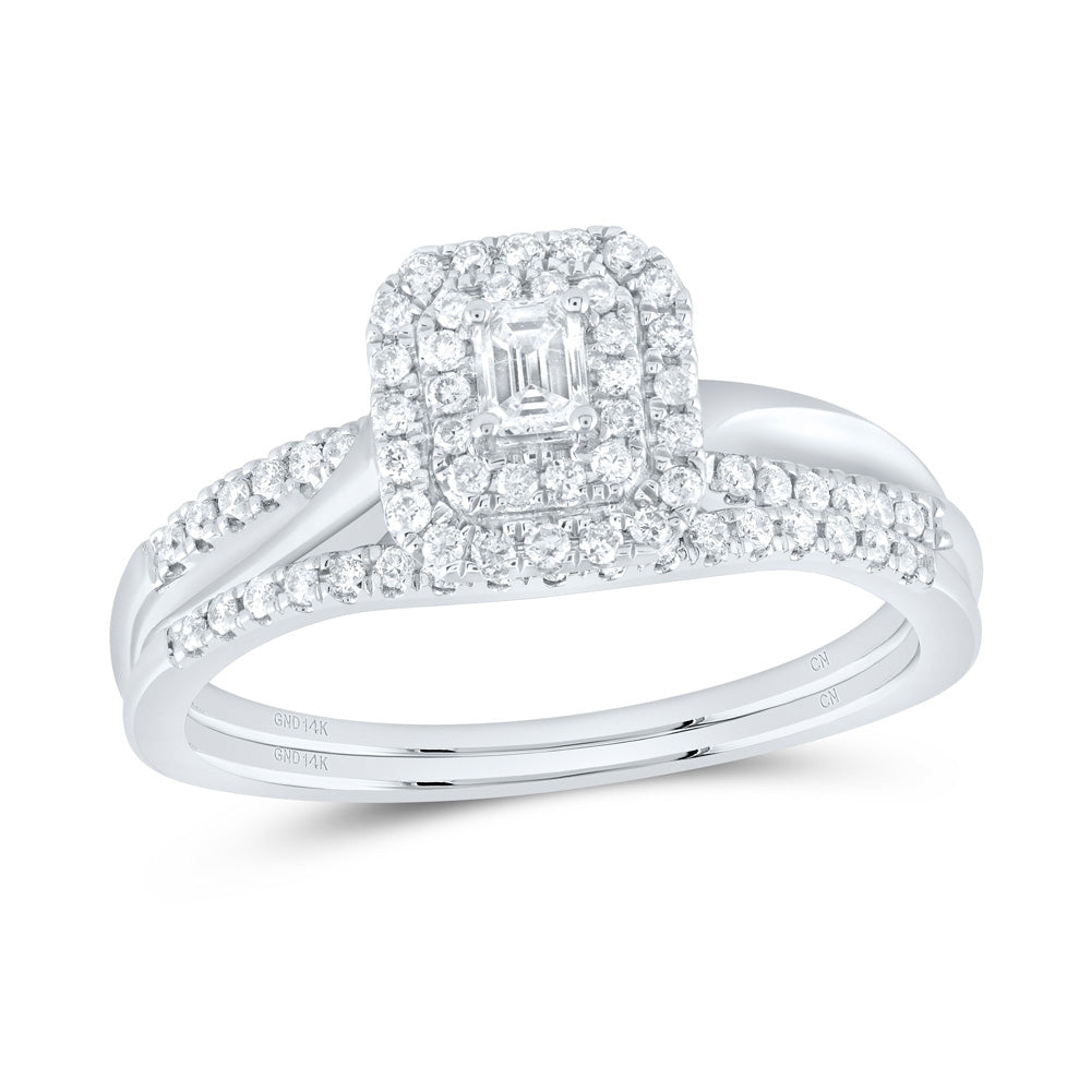 14K Yellow or White or Rose Gold 3/8 Ctw Natural Diamond Emerald Double Halo Bridal Set, Womens Size: 5-9