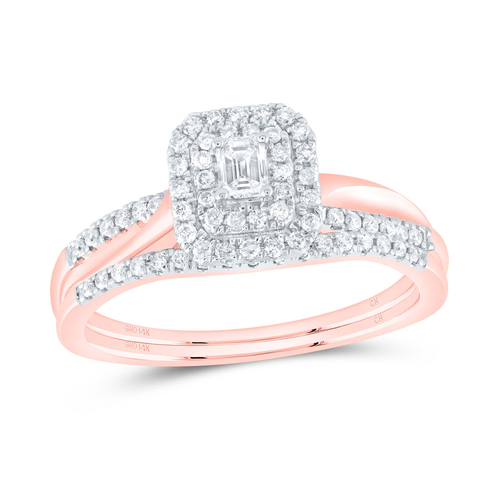 14K Yellow or White or Rose Gold 3/8 Ctw Natural Diamond Emerald Double Halo Bridal Set, Womens Size: 5-9