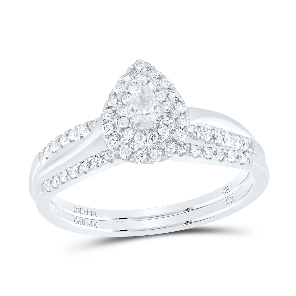 14K Yellow or White Gold 1/3 Ctw Natural Diamond Pear Double Halo Bridal Set, Womens Size: 5-9