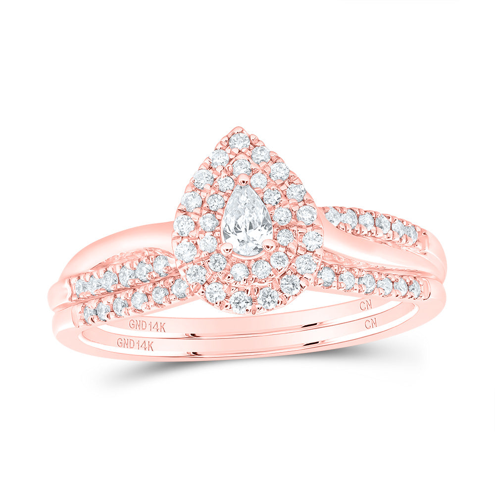 14K Rose Gold 1/3 Ctw Natural Diamond Pear Double Halo Bridal Set, Womens Size: 5-9
