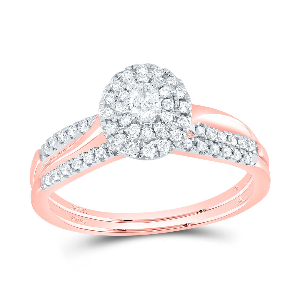 14K Yellow or White or Rose Gold 1/3 Ctw Natural Diamond Oval Double Halo Bridal Set, Womens Size: 5-9