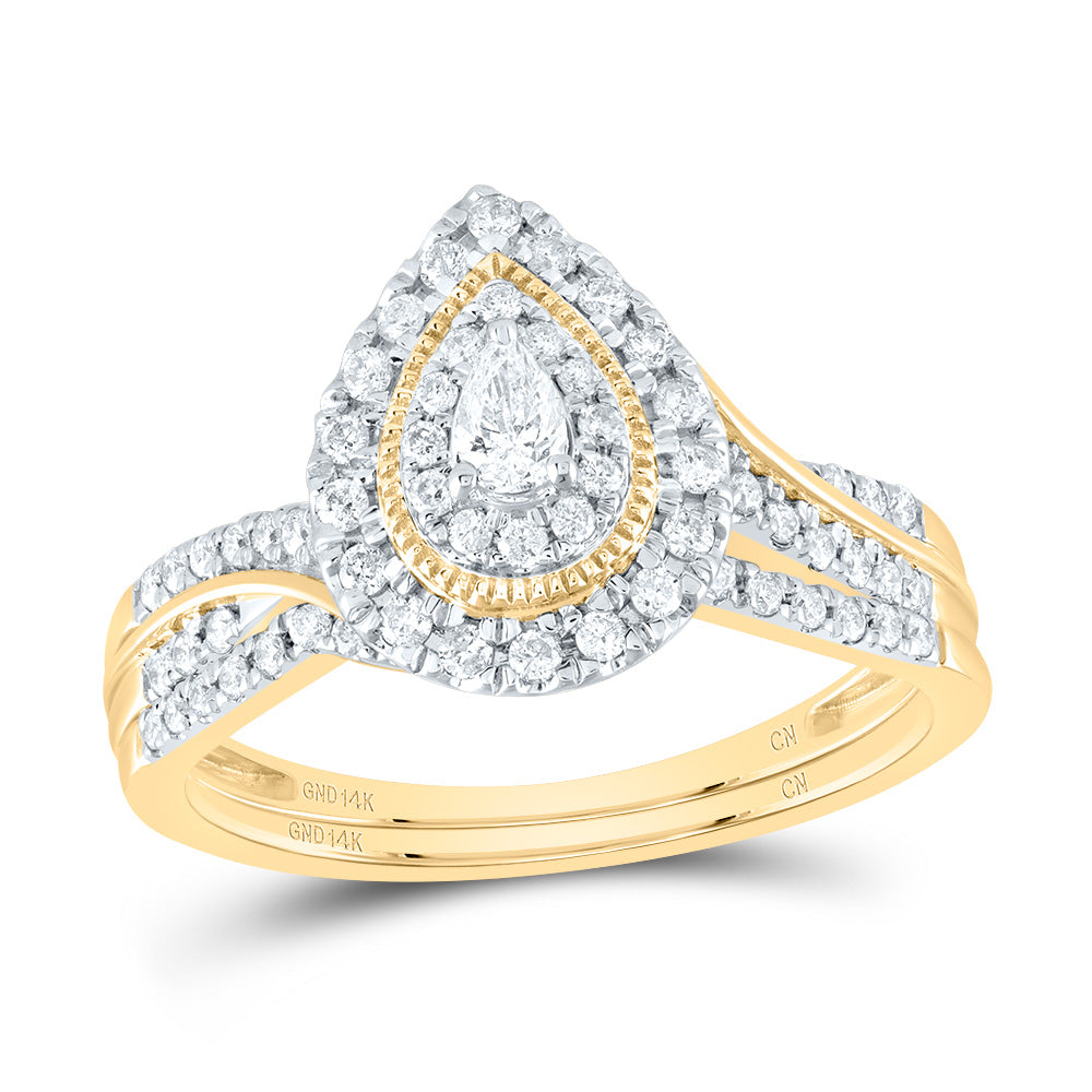 14K Yellow or White Gold 1/2 Ctw Natural Diamond Pear Double Halo Bridal Set, Womens Size: 5-9