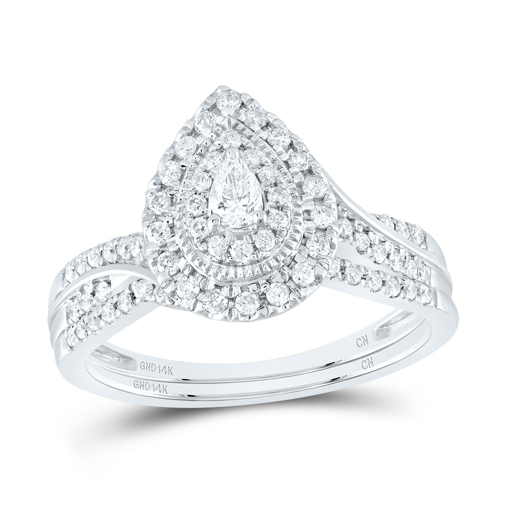 14K Yellow or White Gold 1/2 Ctw Natural Diamond Pear Double Halo Bridal Set, Womens Size: 5-9