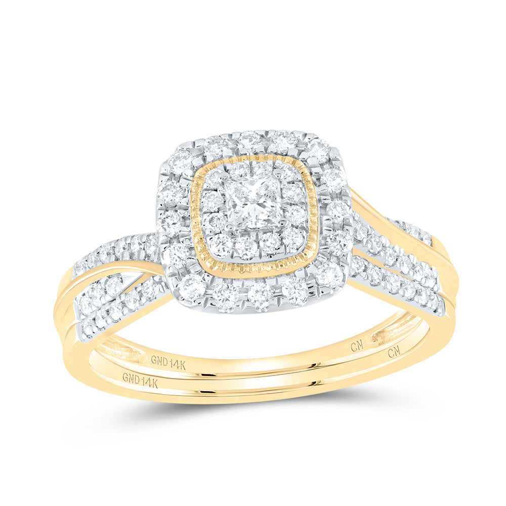 14K Yellow or White Gold 1/2 Ctw Natural Diamond Cushion Double Halo Bridal Set, Womens Size: 5-9