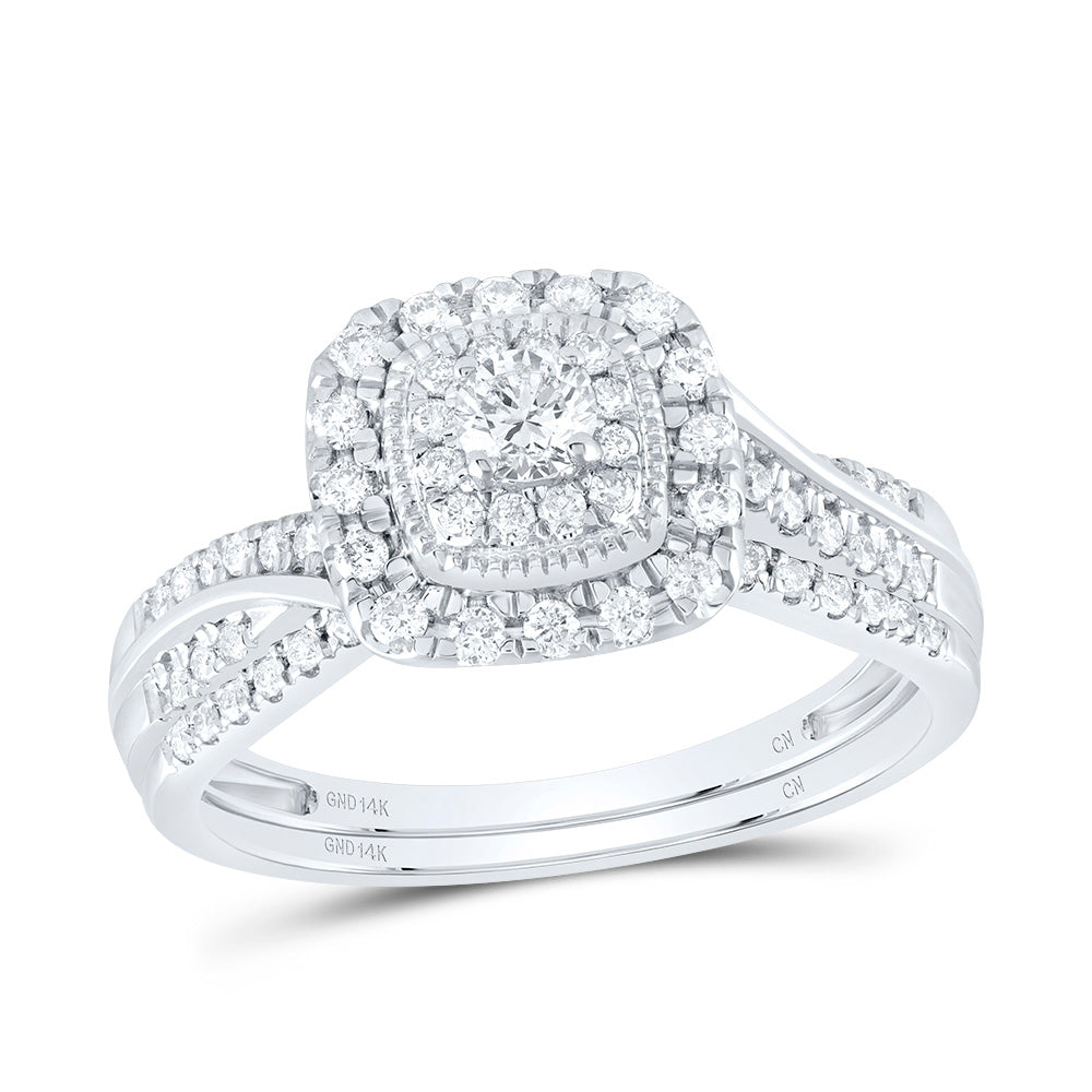 14K Yellow or White Gold 1/2 Ctw Natural Diamond Cushion Double Halo Bridal Set, Womens Size: 5-9