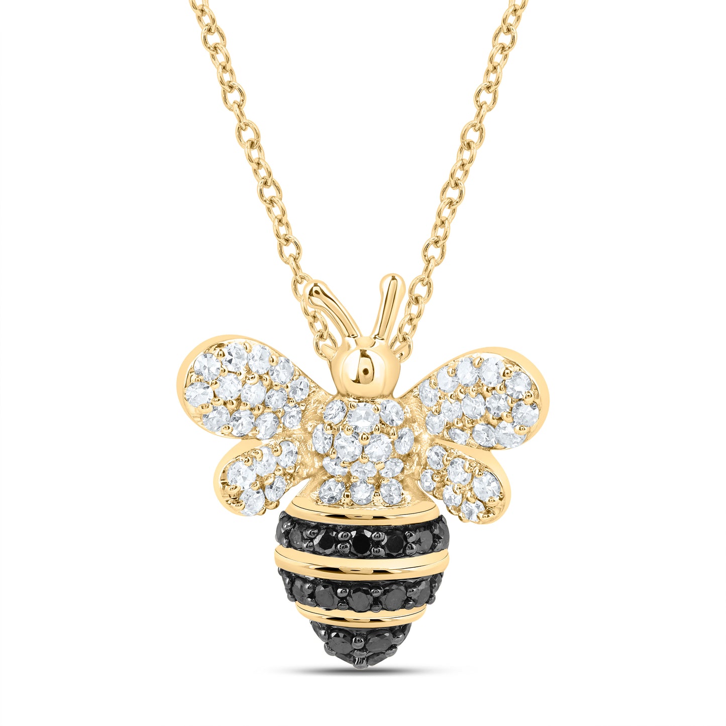 10K Yellow or White Gold 3/8 Ctw Natural Diamond Round Black Diamond Honey Bee Necklace