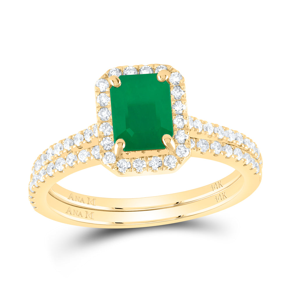 14K Yellow or White or Rose Gold 1/2 Ctw Diamond 7X5MM Emerald Natural Gem Bridal Set, Womens Size: 5-9
