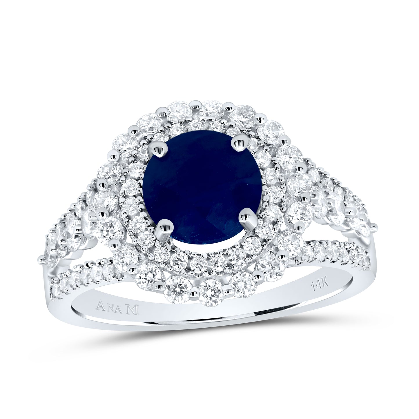 14kt White Gold 7/8 Cttw Diamond Ana M 7mm Round Blue Sapphire Natural Wedding Engagement Anniversary Gem Ring, Women Size: 5-9