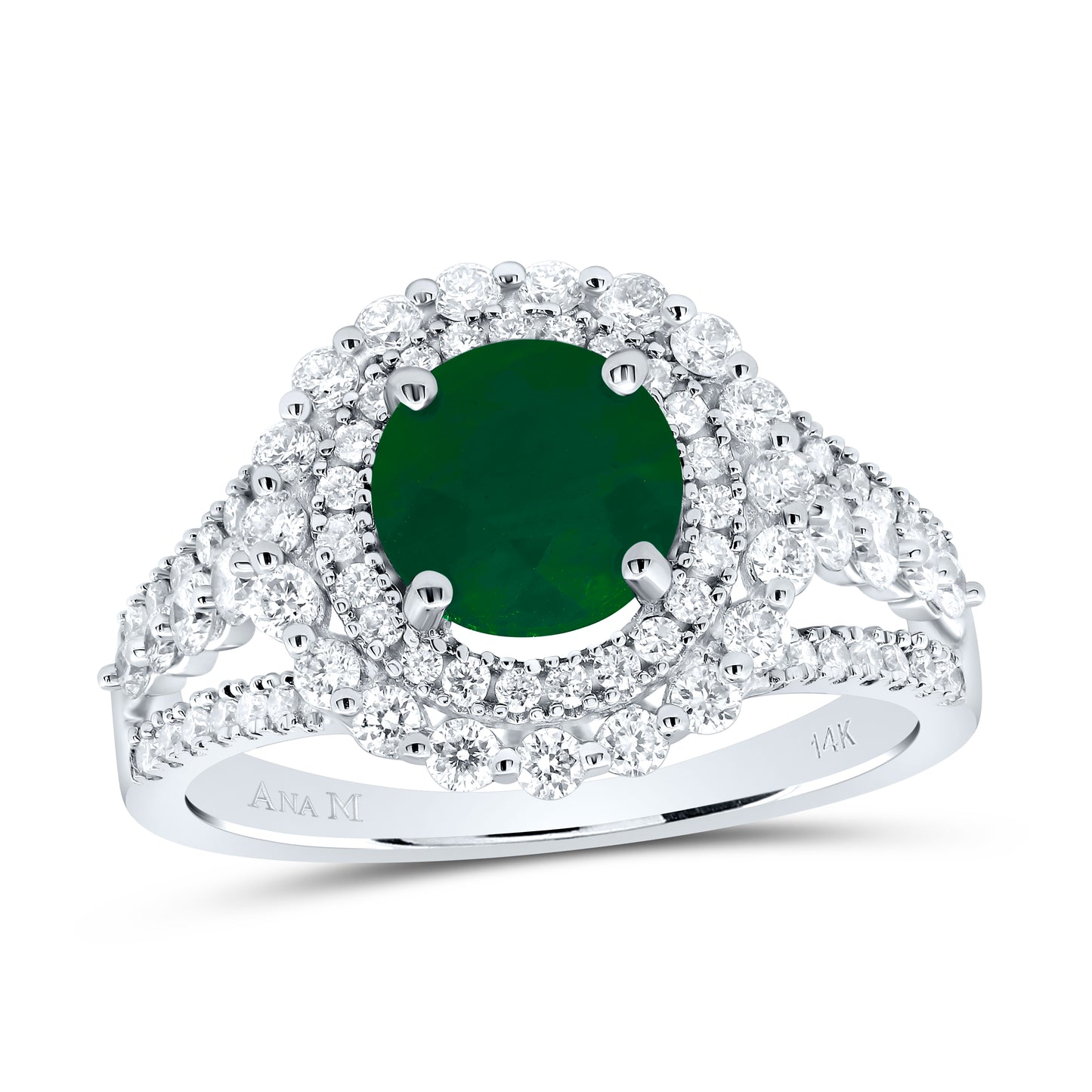 14kt White Gold 7/8 Cttw Diamond Ana M 7mm Round Emerald Natural Wedding Engagement Anniversary Gem Ring, Women Size: 5-9