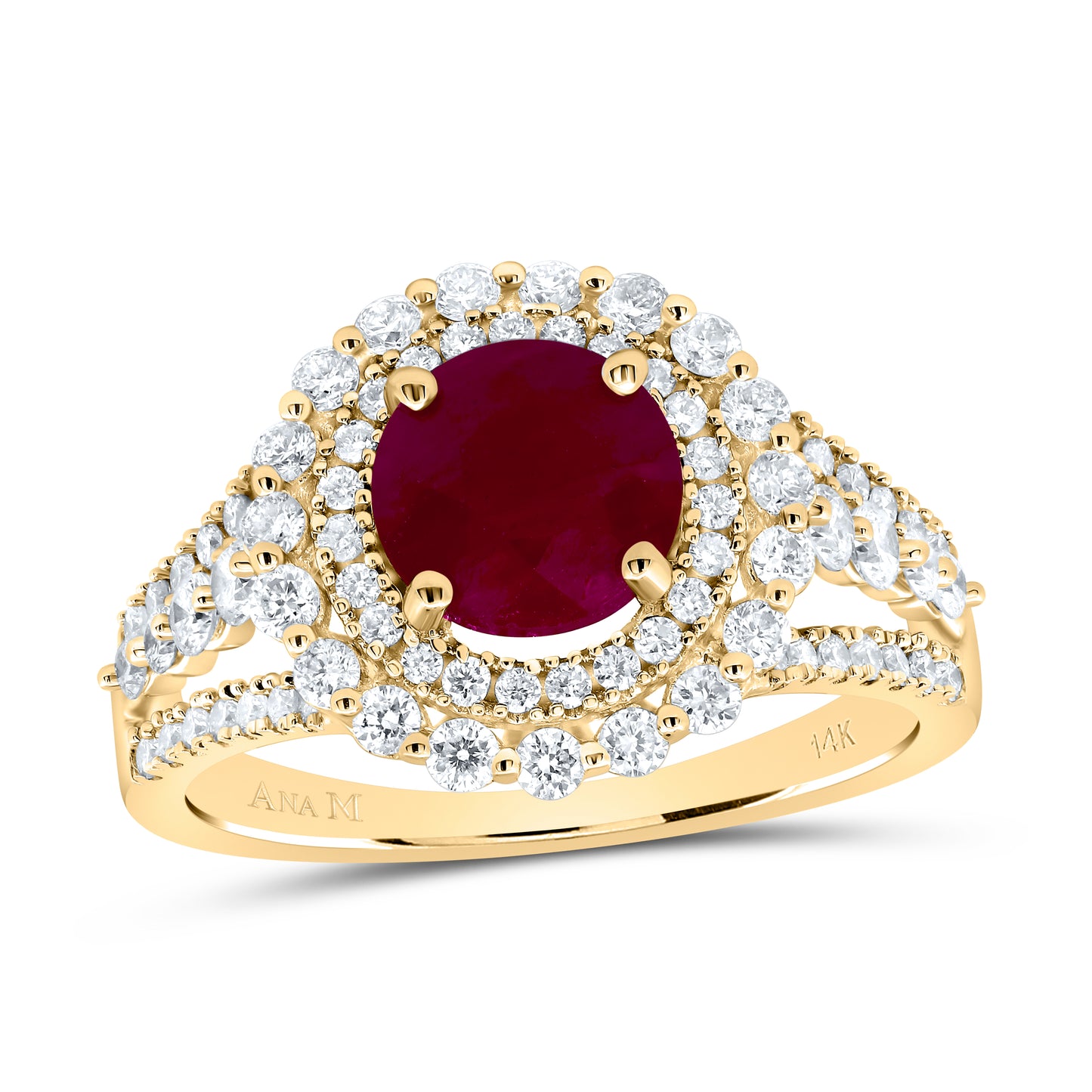 14kt Yellow Gold 7/8 Cttw Diamond Ana M 7mm Round Ruby Natural Wedding Engagement Anniversary Gem Ring, Women Size: 5-9