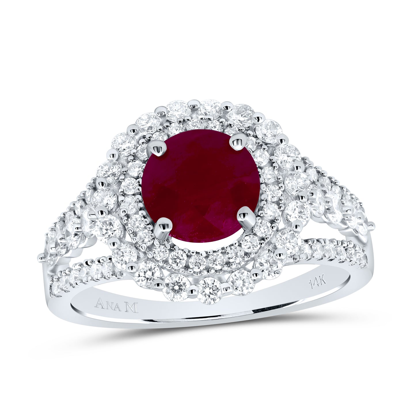 14kt White Gold 7/8 Cttw Diamond Ana M 7mm Round Ruby Natural Wedding Engagement Anniversary Gem Ring, Women Size: 5-9