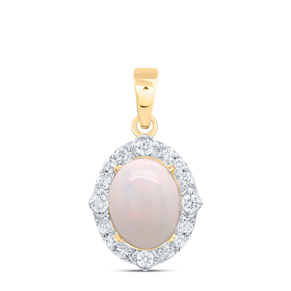 10kt Yellow Gold 1/5 Cttw Diamond 9x7mm-ov Opal Natural Gem Pendant