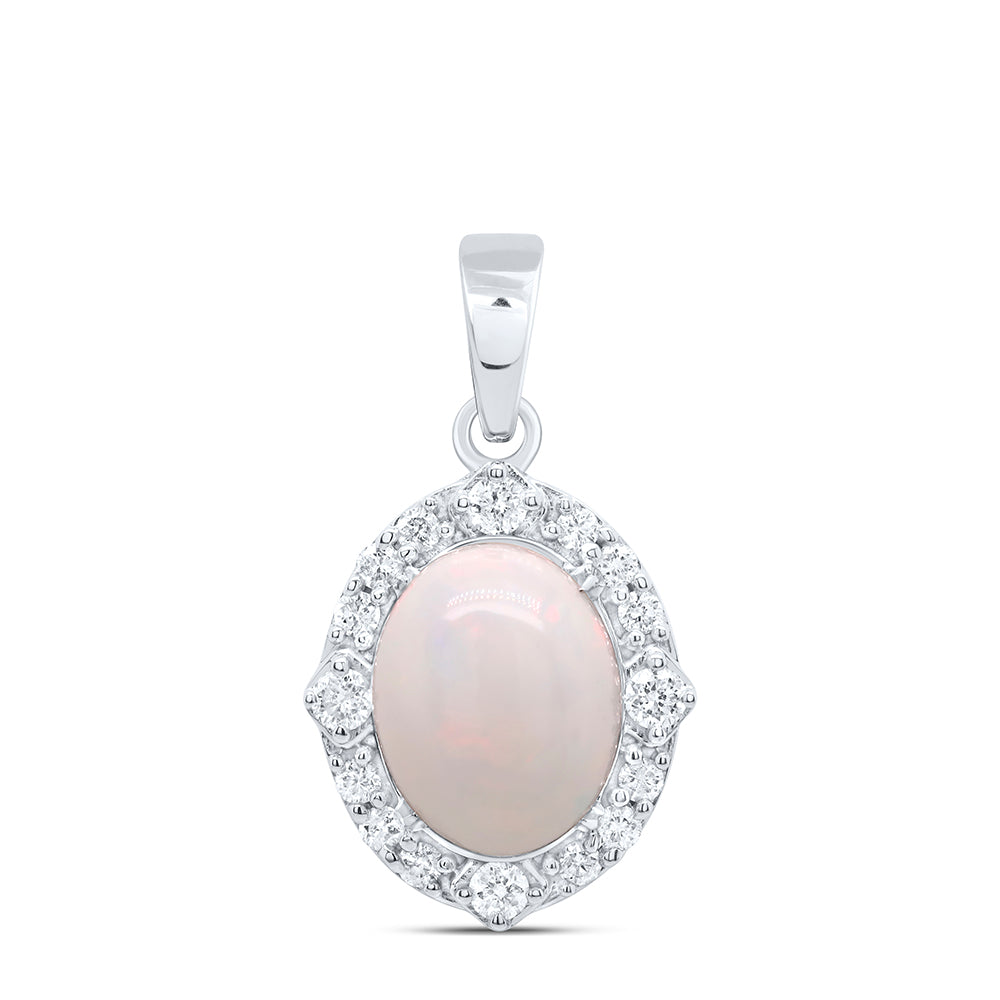 10kt White Gold 1/5 Cttw Diamond 9x7mm-ov Opal Natural Gem Pendant
