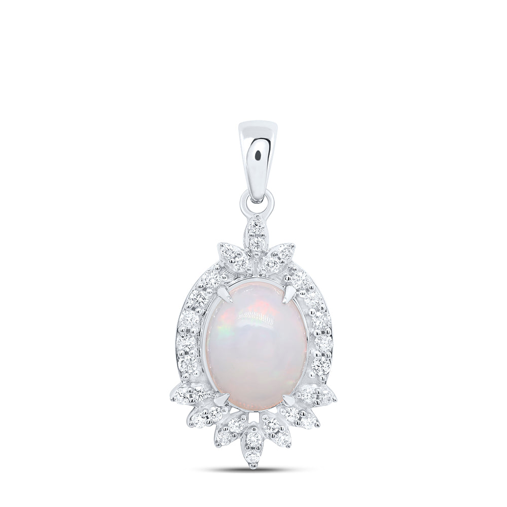 10kt White Gold 1/5 Cttw Diamond 9x7mm-ov Opal Natural Gem Pendant