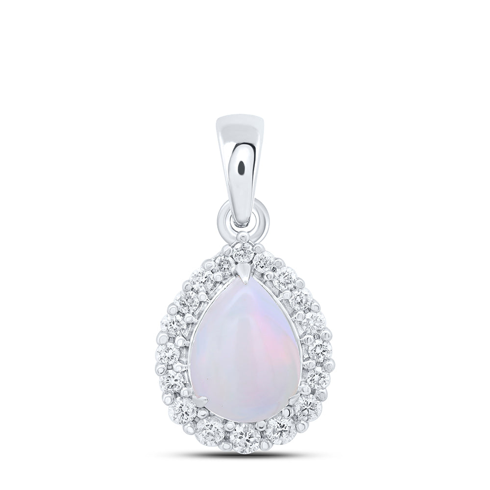 10kt White Gold 1/5 Cttw Diamond 8x6mm Pear opal Natural Gem Pendant