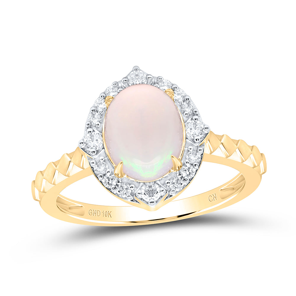 10kt Yellow Gold 1/5 Cttw Diamond 9x7mm-ov Opal Natural Wedding Engagement Anniversary Gem Ring, Women Size: 5-9