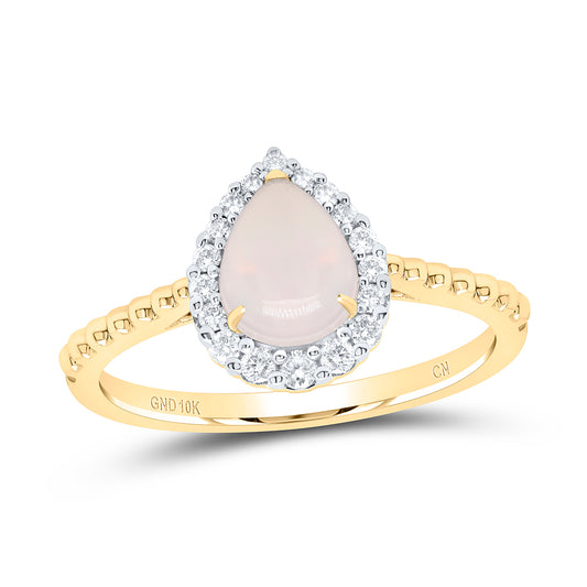 10kt Yellow Gold 1/5 Cttw Diamond 8x6mm-pear Opal Natural Wedding Engagement Anniversary Gem Ring, Women Size: 5-9