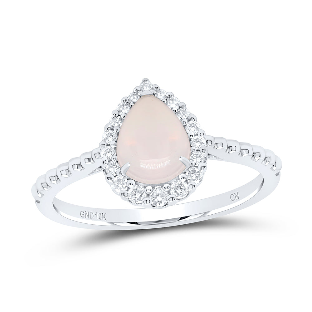 10kt White Gold 1/5 Cttw Diamond 8x6mm-pear Opal Natural Wedding Engagement Anniversary Gem Ring, Women Size: 5-9