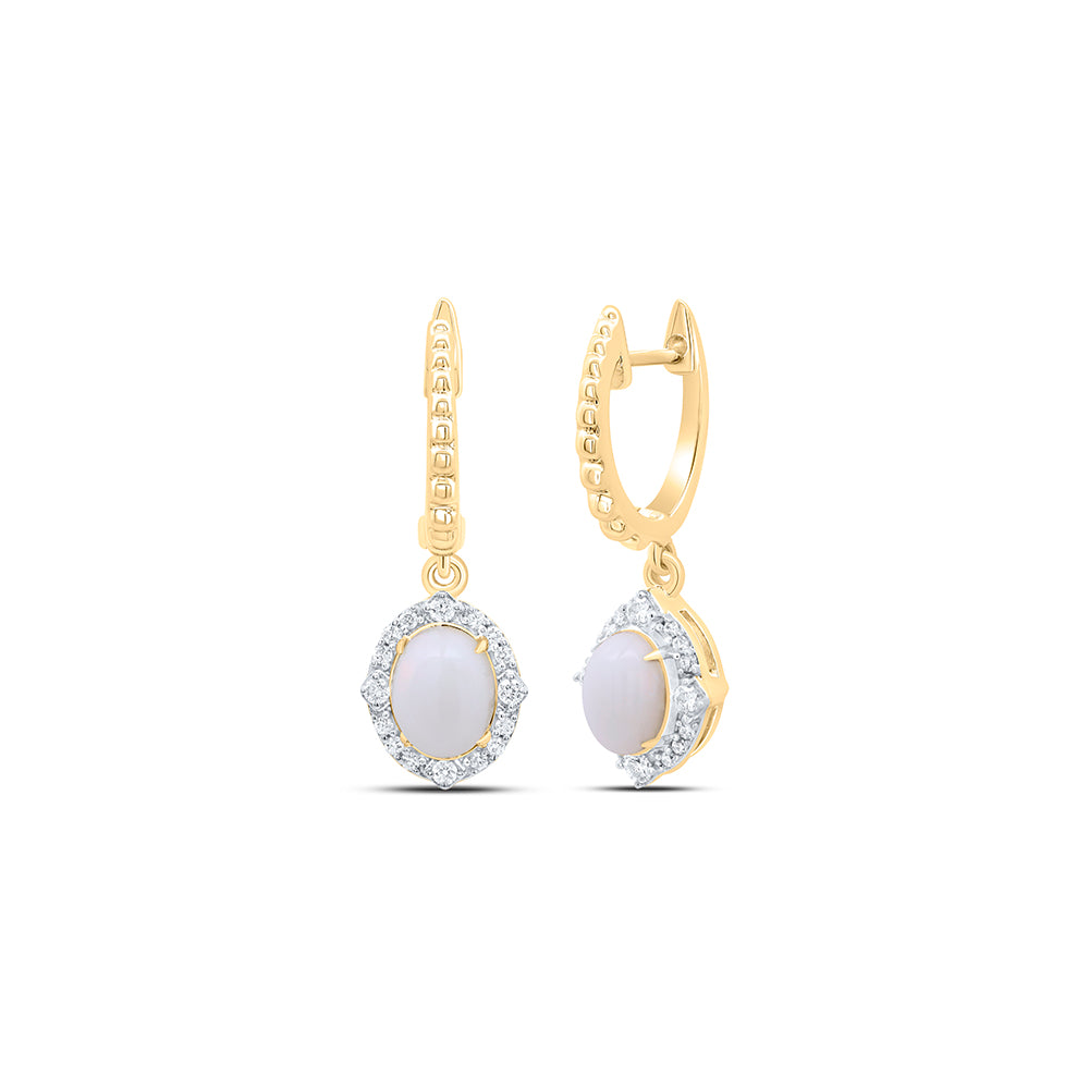 10kt Yellow Gold 1/5 Cttw Diamond 6x4mm-ov Opal Natural Gem Dangling Earring