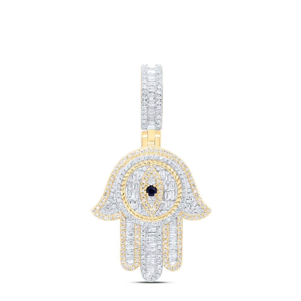 10kt Yellow Gold 1 3/8 Cttw Diamond and 1/20 Cttw Round Blue Sapphire Natural Gem Hamsa Mens Charm