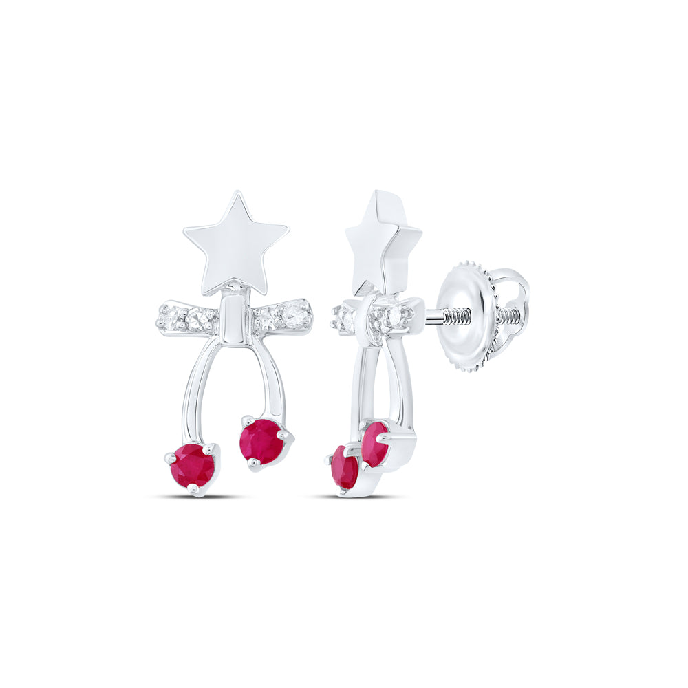 10kt White Gold 1/20 Cttw Diamond and 1/8 Cttw Round Ruby Natural Gem Earring