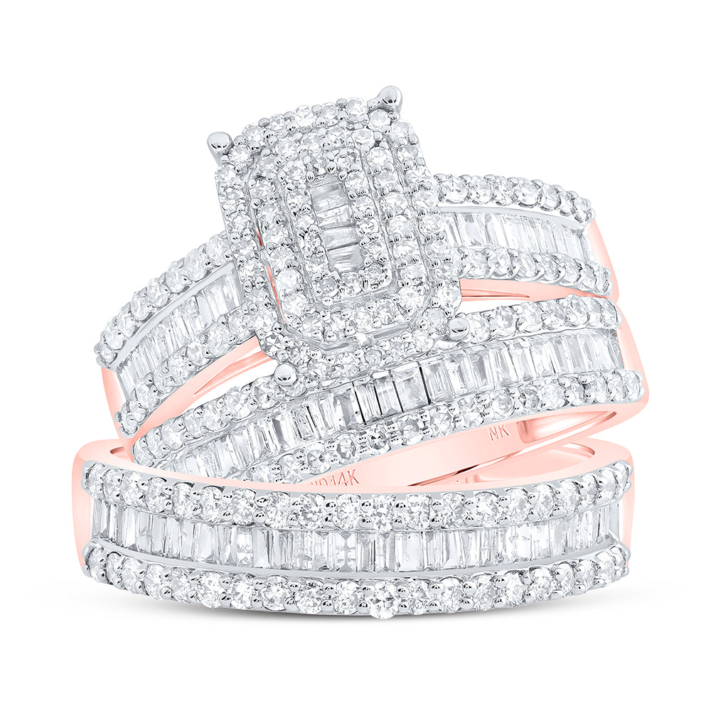 14kt Rose Gold His & Hers 1 3/4 Cttw Diamond Cushion Bridal Wedding Ring Band Set, Women Size: 5-9, Men Size: 8-12