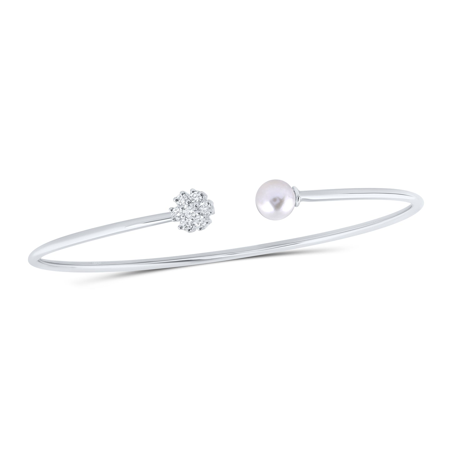 10kt White Gold 1/5 Cttw Diamond 6.5mm-pearl Flower Ladies Bangle (60x48mm)