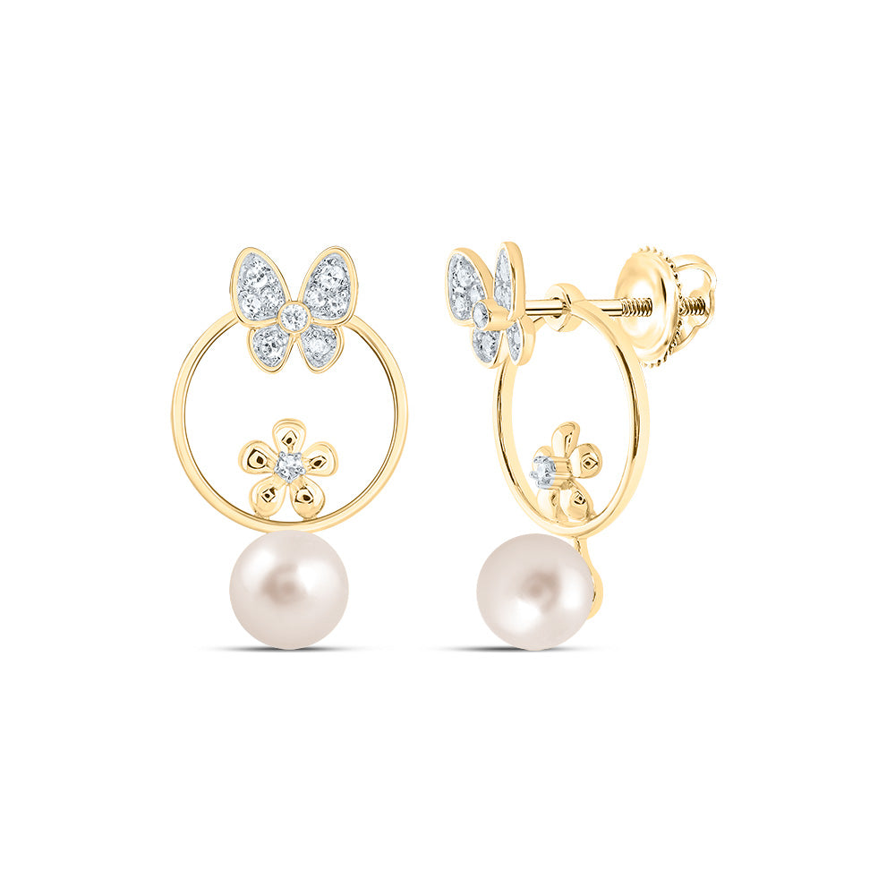 10kt Yellow Gold 1/10 Cttw Diamond 6 Mm-pearl Butterfly Earring