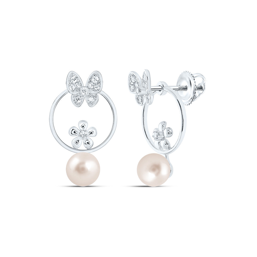 10kt White Gold 1/10 Cttw Diamond 6 Mm-pearl Butterfly Earring