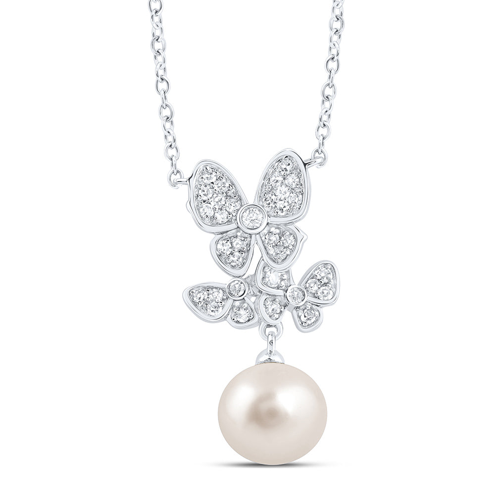 10kt White Gold 1/8 Cttw Diamond 7mm-pearl Butterfly Necklace, Length: 18 Inch