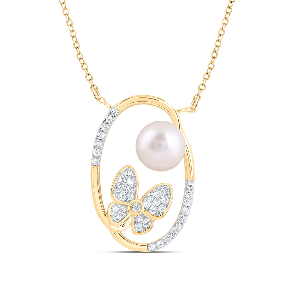 10kt Yellow Gold 1/5 Cttw Diamond 6.5mm-pearl Butterfly Necklace, Length: 18 Inch