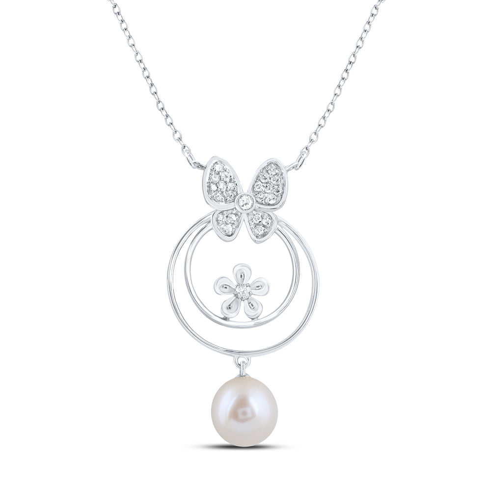 10kt White Gold 1/8 Cttw Diamond 7mm-pearl Butterfly Necklace, Length: 18 Inch