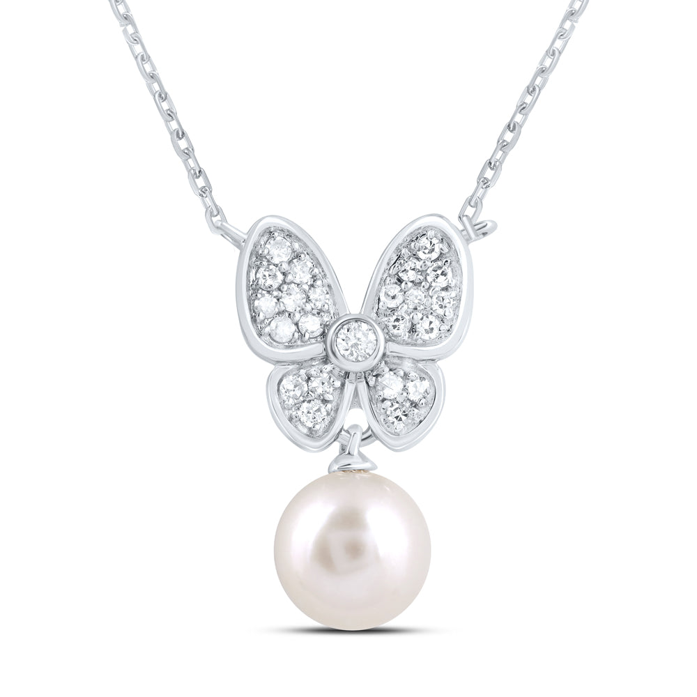 10kt White Gold 1/8 Cttw Diamond 6mm-pearl Butterfly Necklace, Length: 18 Inch