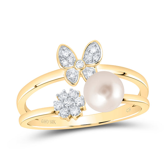 10kt Yellow Gold 1/6 Cttw Diamond 6mm-pearl Butterfly Ladies Wedding Engagement Anniversary Ring, Women Size: 5-9