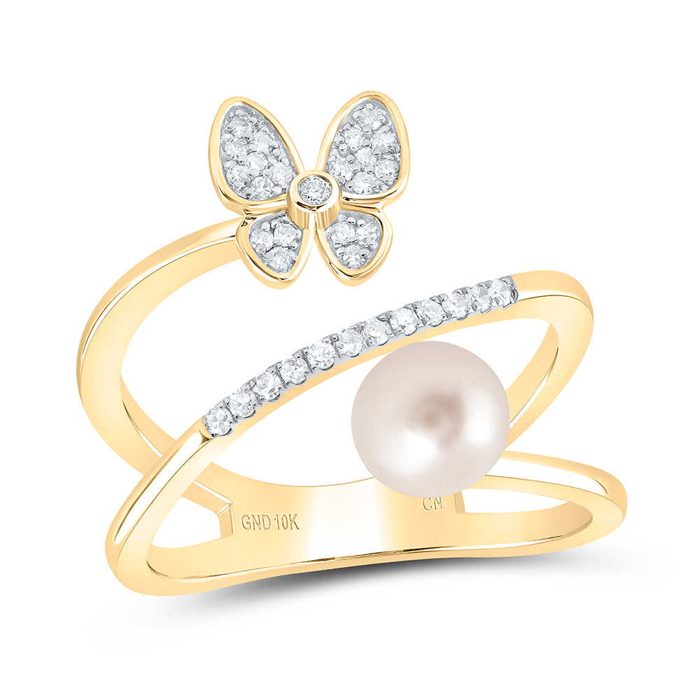 10kt Yellow Gold 1/6 Cttw Diamond 6mm-pearl Butterfly Ladies Wedding Engagement Anniversary Ring, Women Size: 5-9