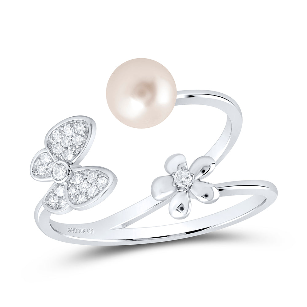 10kt White Gold 1/10 Cttw Diamond 6mm-pearl Butterfly Ladies Wedding Engagement Anniversary Ring, Women Size: 5-9