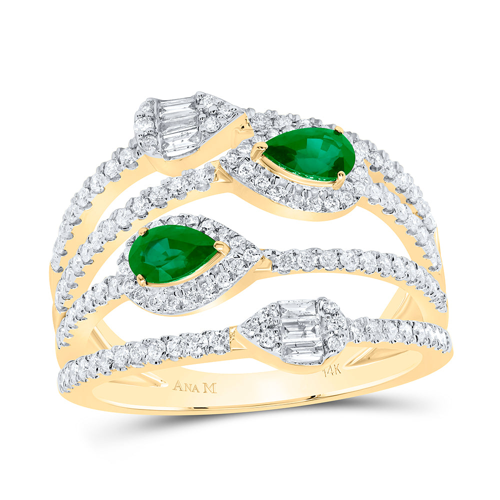 14kt Yellow Gold 5/8 Cttw Diamond Ana M and 1/2 Cttw Pear Emerald Natural Wedding Engagement Anniversary Gem Ring, Women Size: 5-9