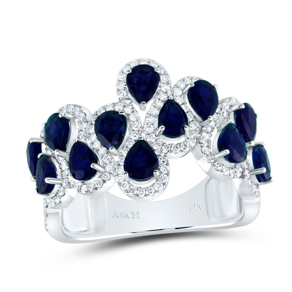 14kt White Gold 1/2 Cttw Diamond Ana M 2 Cttw Pear Blue Sapphire Natural Wedding Engagement Anniversary Gem Ring, Women Size: 5-9