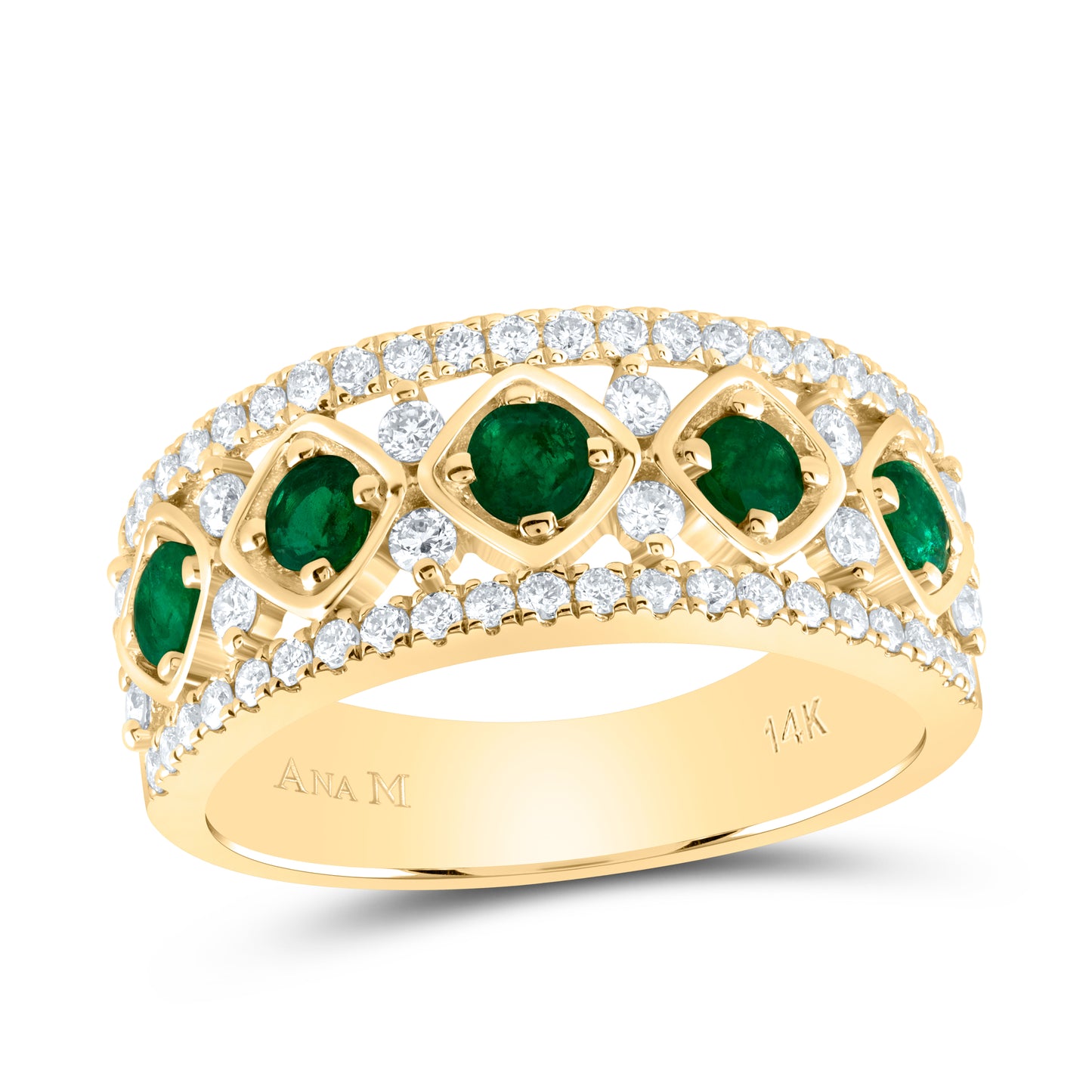 14kt Yellow Gold 1/2 Cttw Diamond Ana M and 1/2 Cttw Round Emerald Natural Wedding Engagement Anniversary Gem Ring, Women Size: 5-9