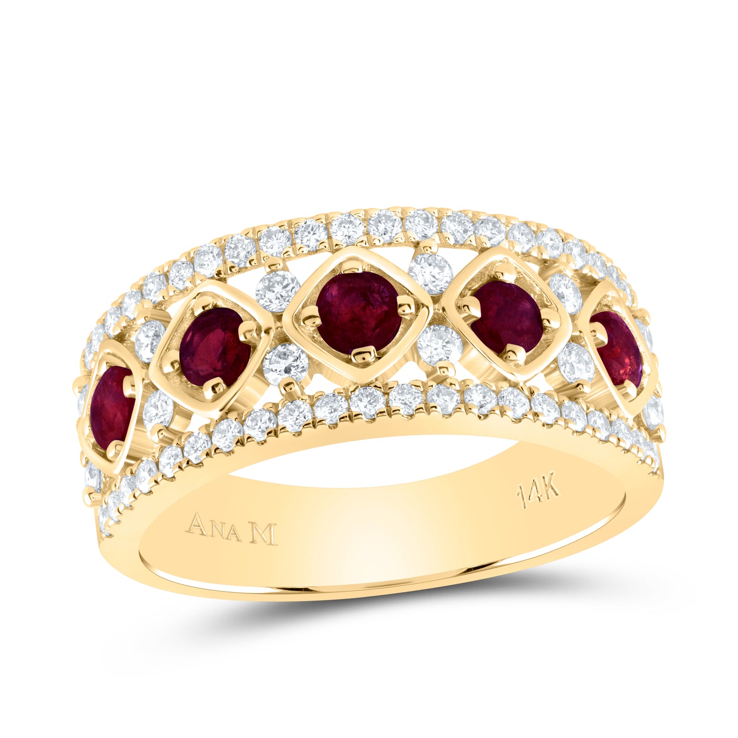 14kt Yellow Gold 1/2 Cttw Diamond Ana M 3/4 Cttw Round Ruby Natural Wedding Engagement Anniversary Gem Ring, Women Size: 5-9