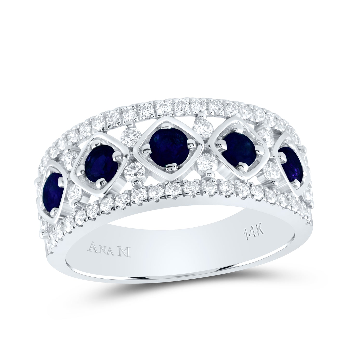 14kt White Gold 1/2 Cttw Diamond Ana M 3/4 Cttw Round Blue Sapphire Natural Wedding Engagement Anniversary Gem Ring, Women Size: 5-9