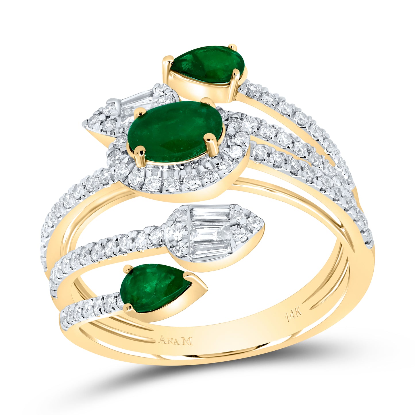 14kt Yellow Gold 5/8 Cttw Diamond Ana M 6x4mm Ov-em,1/2 Cttw Pear Emerald Natural Wedding Engagement Anniversary Gem Ring, Women Size: 5-9